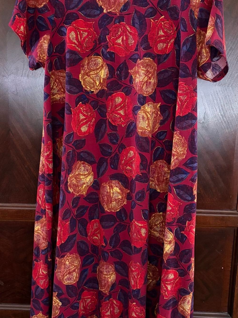 LuLaRoe Asymmetrical Dress in Red, Gold, Navy Floral